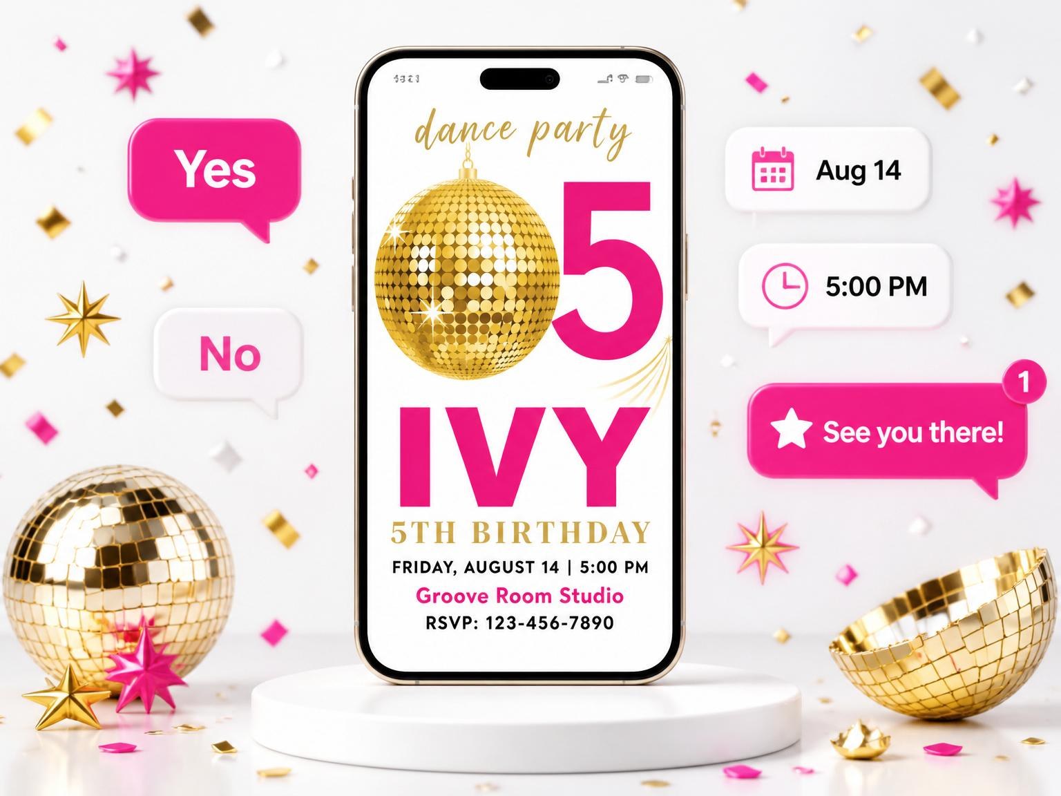 The Gold Disco Ball 5th Birthday invitation on a phone, with guest RSVPs arriving around it