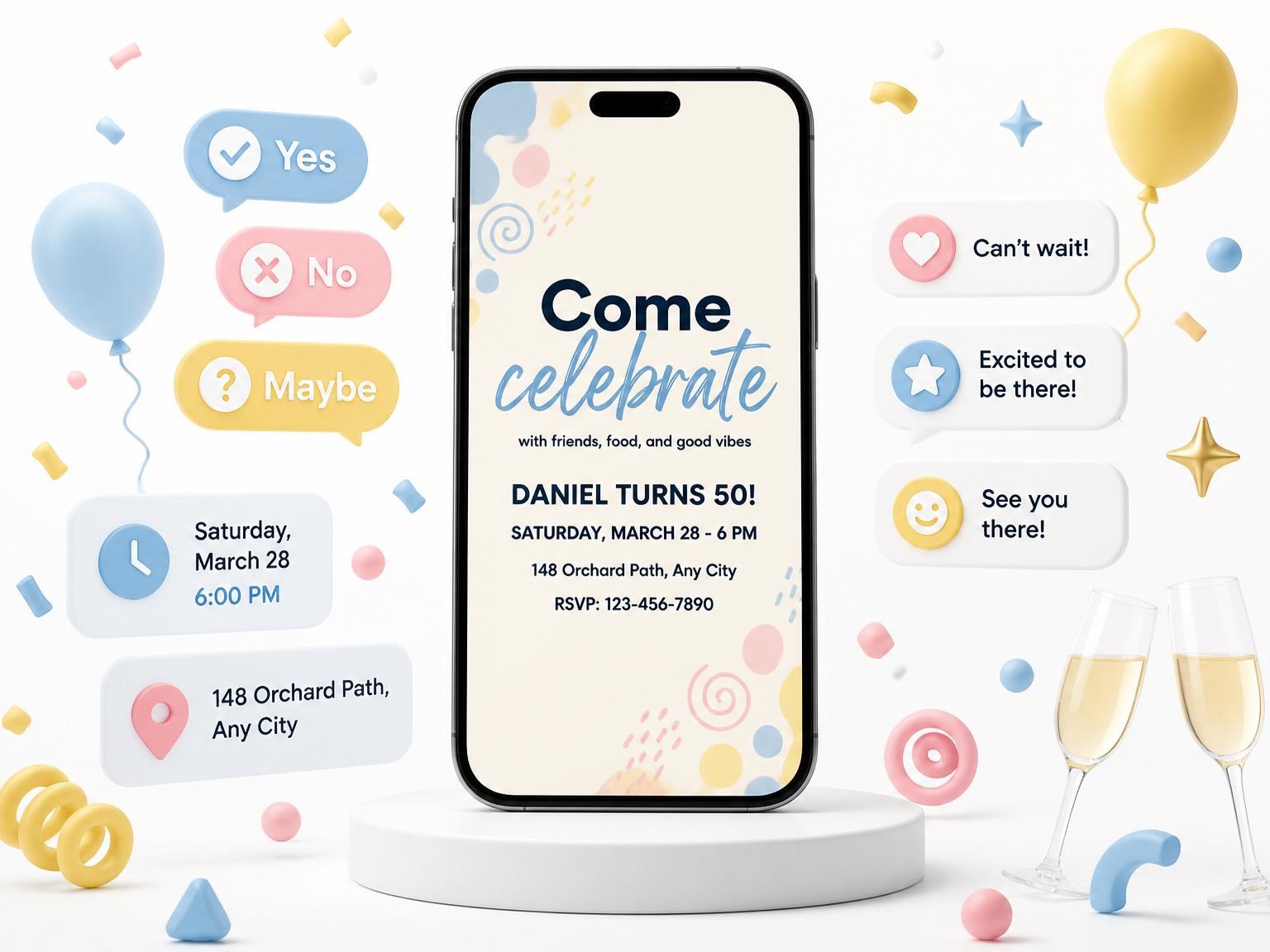 The Pastel Abstract Shape 50th Birthday Invitation invitation on a phone, with guest RSVPs arriving around it