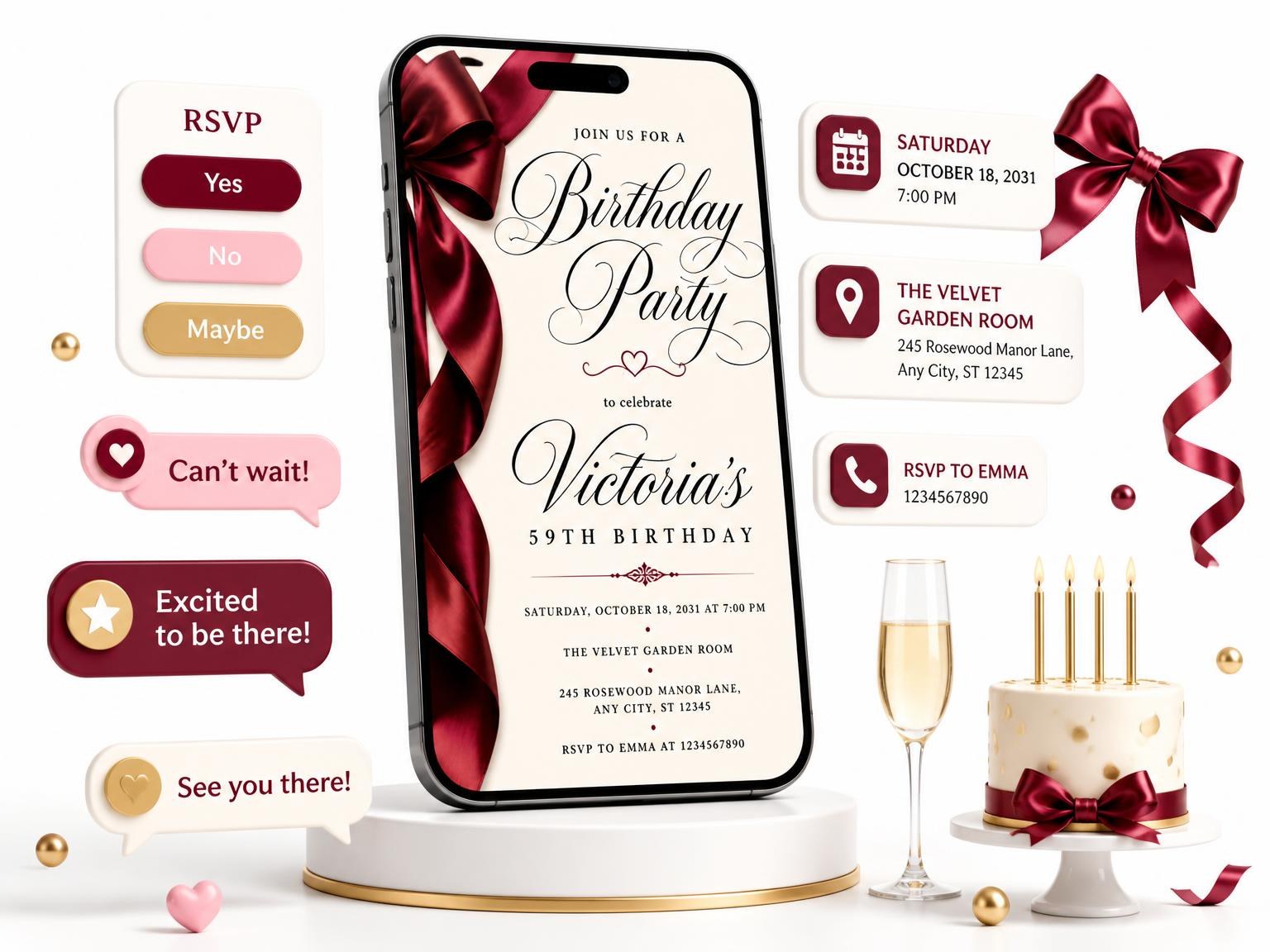 The Burgundy Satin Bow 59th Birthday Invitation invitation on a phone, with guest RSVPs arriving around it