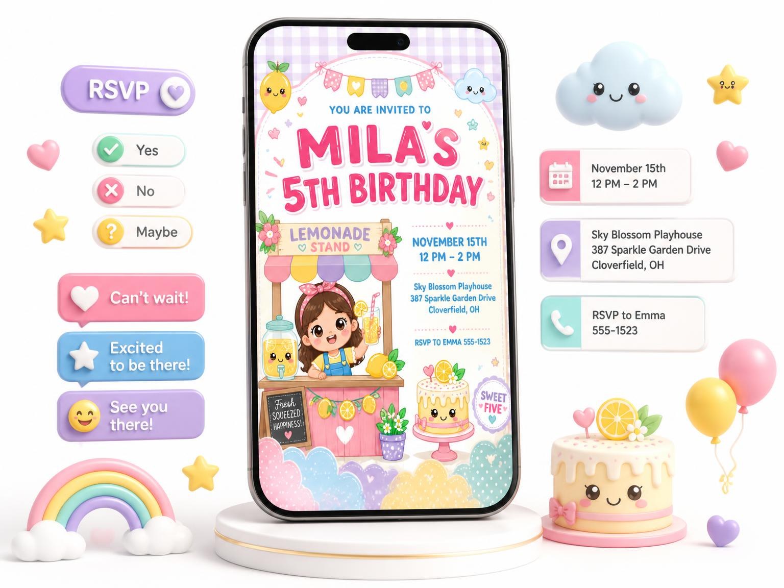 The Lemon Kawaii Pastel 5th Birthday Invitation invitation on a phone, with guest RSVPs arriving around it