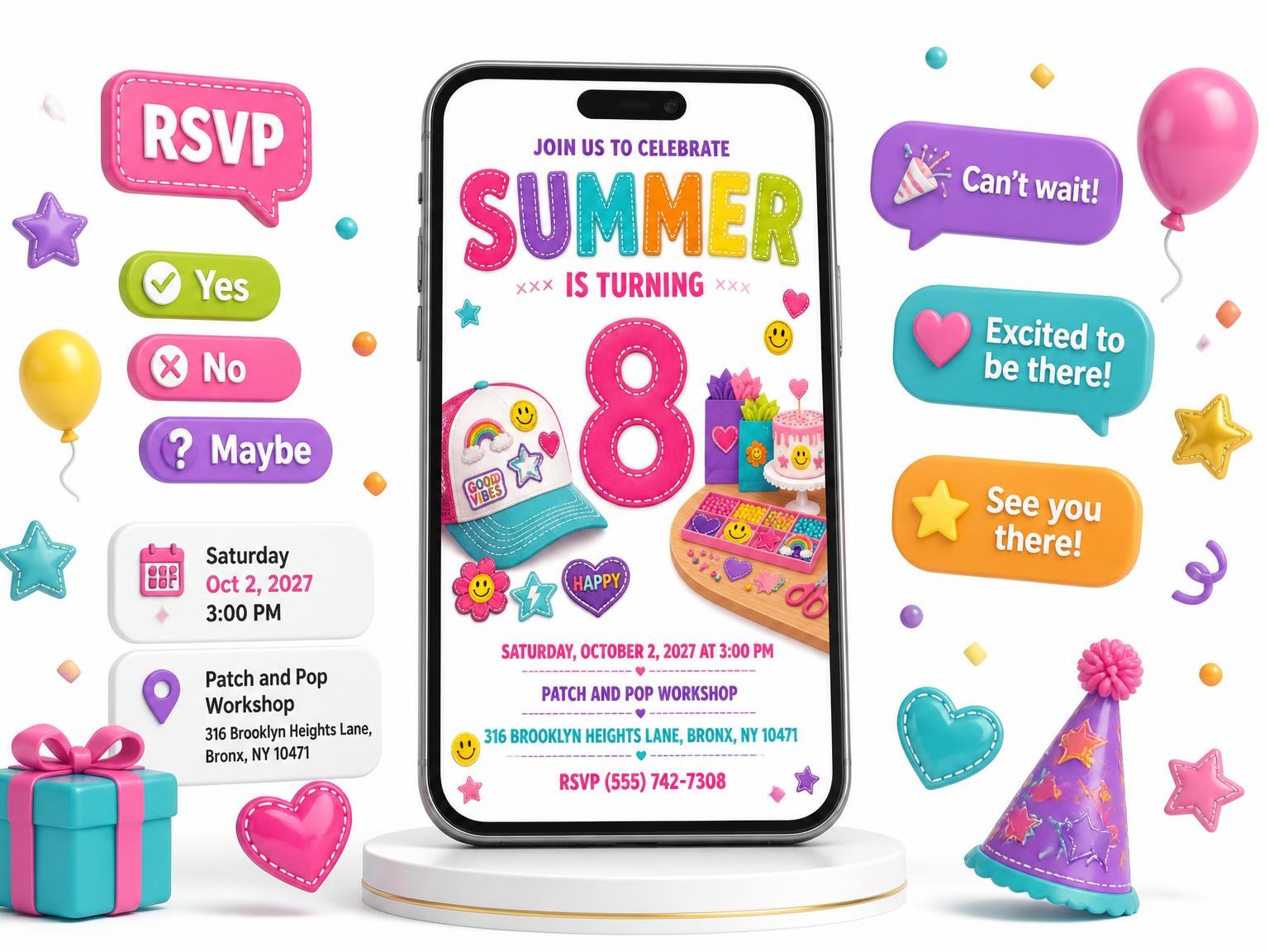 The Workspace Cake Stitched 8th Birthday Invitation invitation on a phone, with guest RSVPs arriving around it