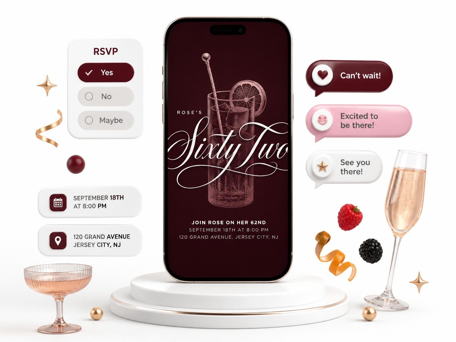 The Burgundy Cocktail 62nd Birthday Invitation invitation on a phone, with guest RSVPs arriving around it