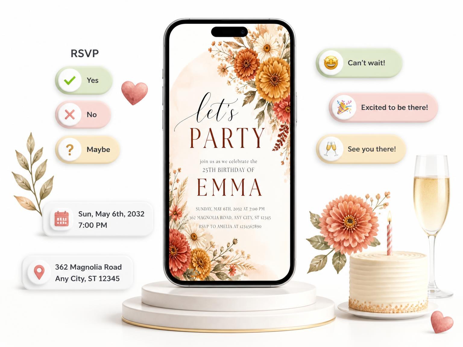 The Terracotta Painted Arch 25th Birthday Invitation invitation on a phone, with guest RSVPs arriving around it