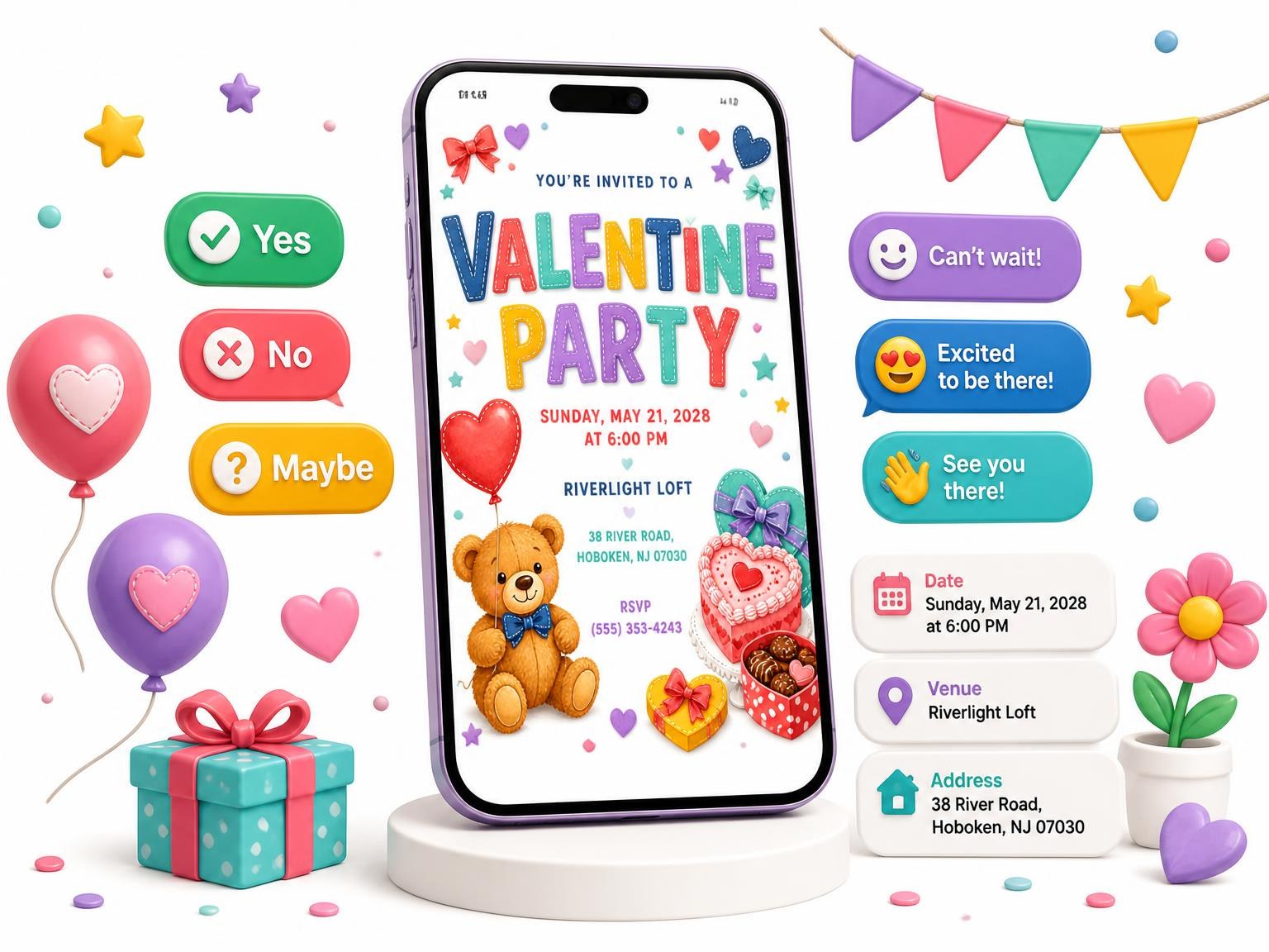 The Teddy Bear Valentine Party Invitation invitation on a phone, with guest RSVPs arriving around it