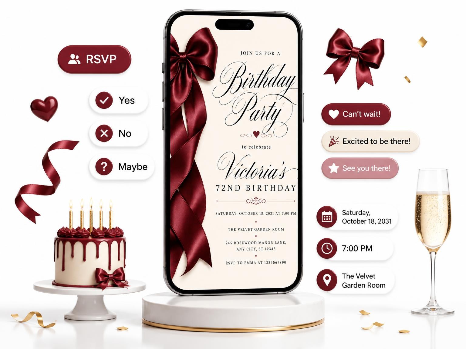 The Burgundy Satin Bow 72nd Birthday Invitation invitation on a phone, with guest RSVPs arriving around it