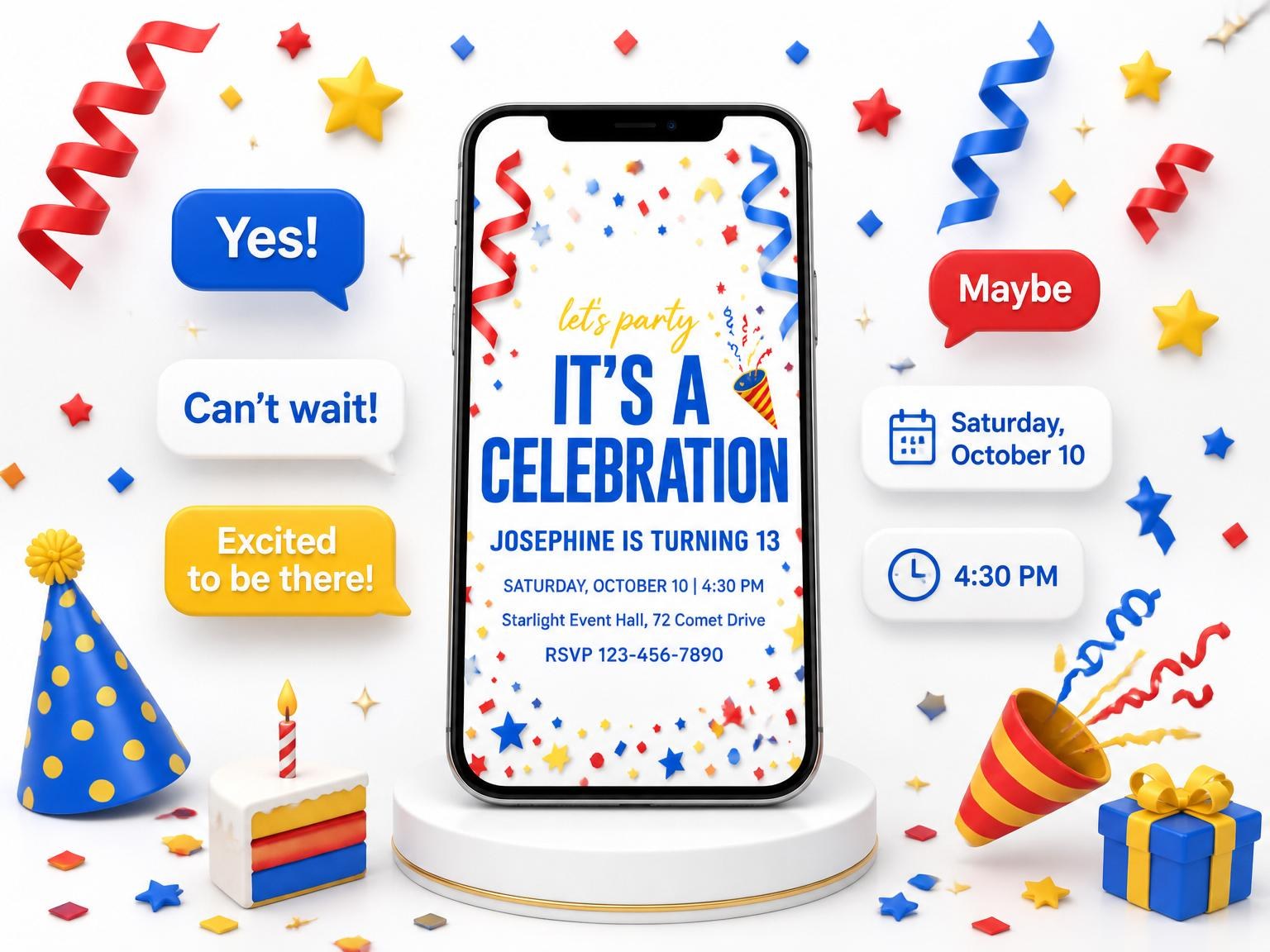 The Primary Color Confetti 13th Birthday Invitation invitation on a phone, with guest RSVPs arriving around it