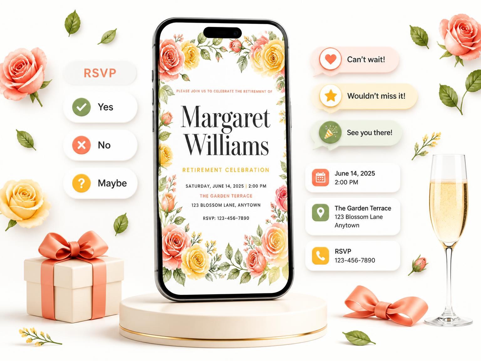 The Roses Foliage Retirement Party Invitation invitation on a phone, with guest RSVPs arriving around it