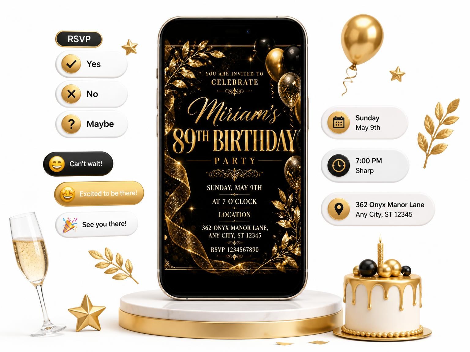 The Black and Gold 89th Birthday Invitation invitation on a phone, with guest RSVPs arriving around it