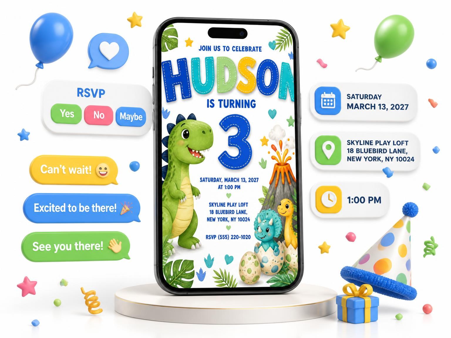 The Erupting Volcano 3rd Birthday Invitation invitation on a phone, with guest RSVPs arriving around it