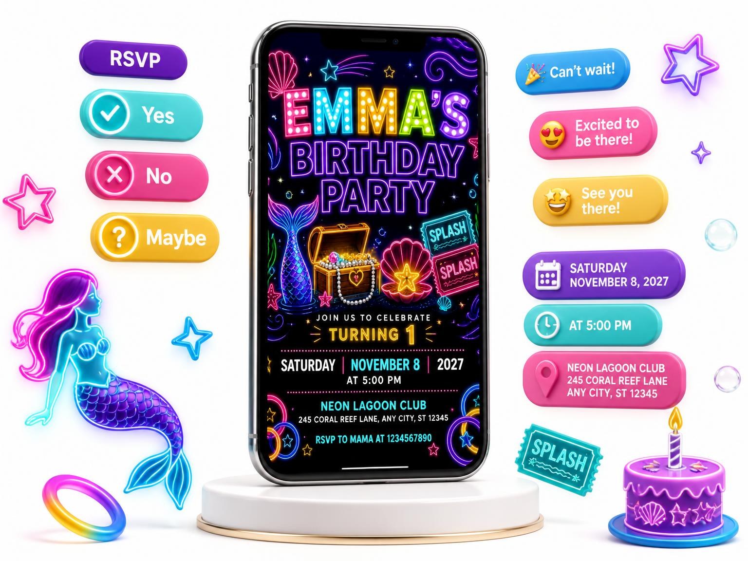 The Neon Mermaid 1st Birthday Invitation invitation on a phone, with guest RSVPs arriving around it