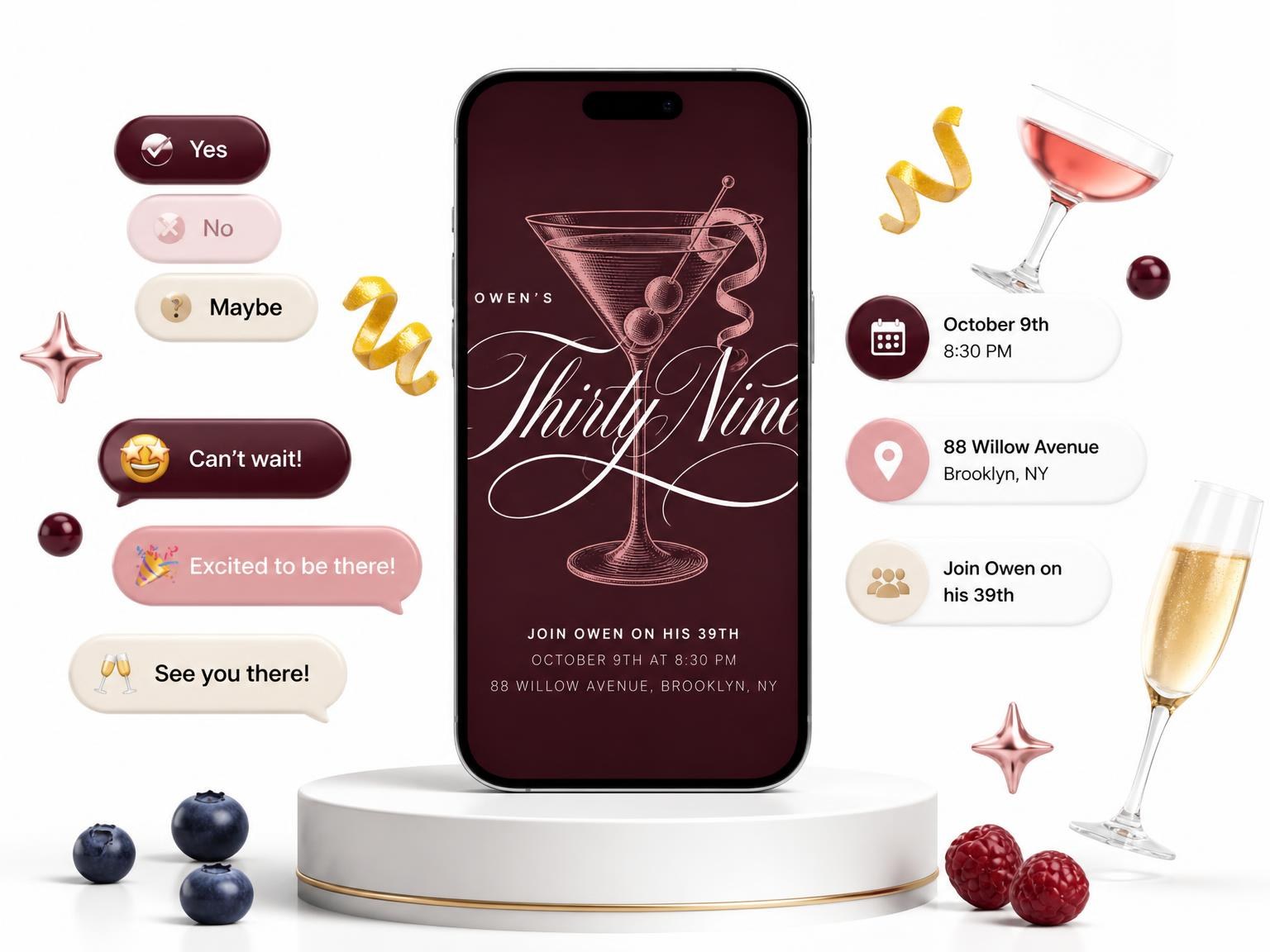 The Burgundy Cocktail 39th Birthday Invitation invitation on a phone, with guest RSVPs arriving around it