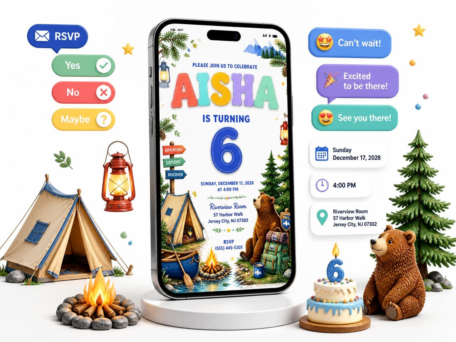 The Stitched Camping 6th Birthday Invitation invitation on a phone, with guest RSVPs arriving around it