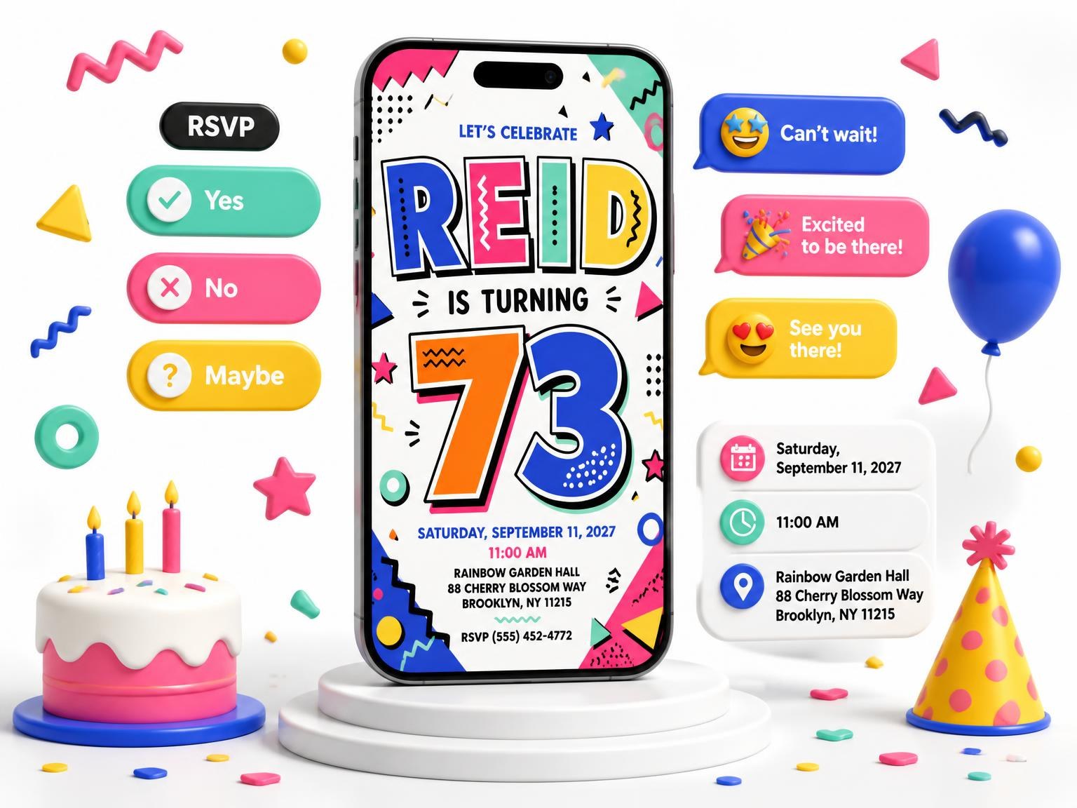 The Memphis Pop 73rd Birthday Invitation invitation on a phone, with guest RSVPs arriving around it