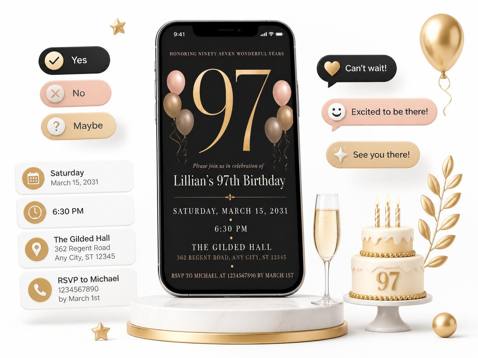 The Charcoal and Blush 97th Birthday Invitation invitation on a phone, with guest RSVPs arriving around it