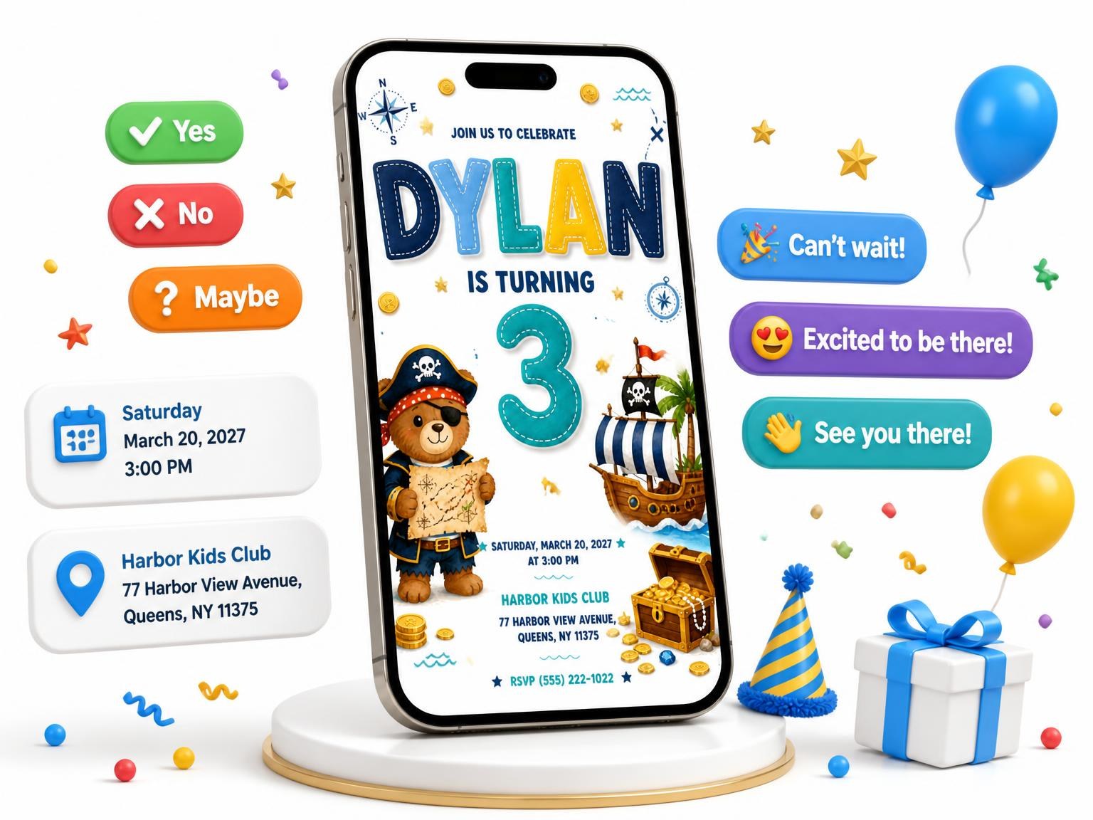 The Pirate Ship Stitched 3rd Birthday Invitation invitation on a phone, with guest RSVPs arriving around it