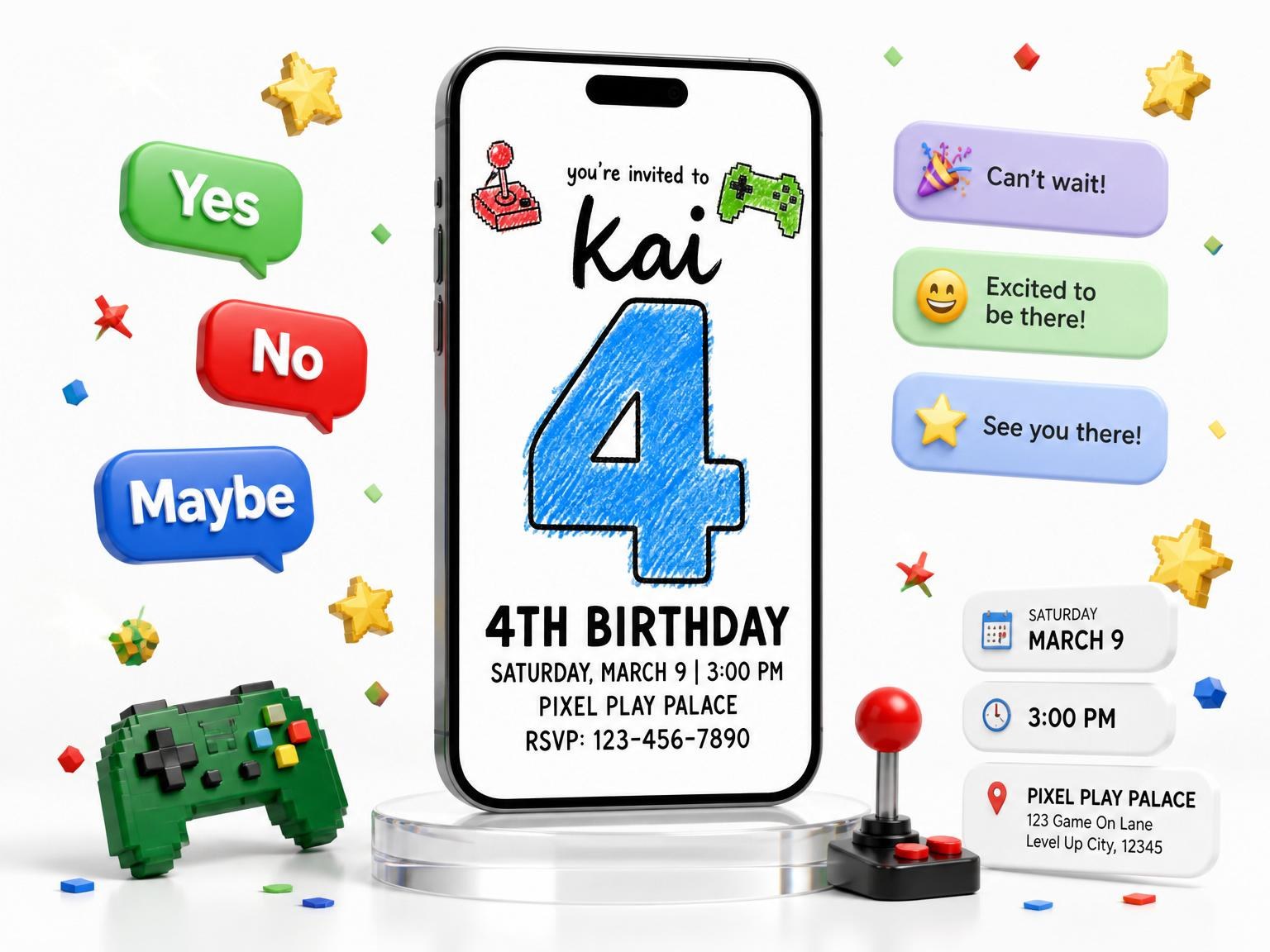 The Pixel Art Gaming 4th Birthday Invitation invitation on a phone, with guest RSVPs arriving around it