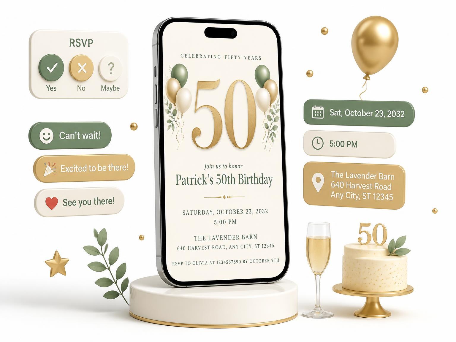 The Sage and Ivory 50th Birthday Invitation invitation on a phone, with guest RSVPs arriving around it