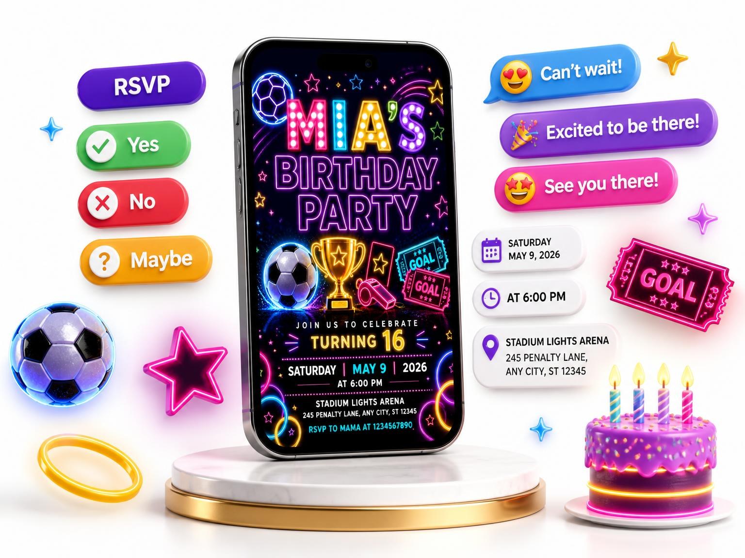 The Neon Soccer 16th Birthday Invitation invitation on a phone, with guest RSVPs arriving around it
