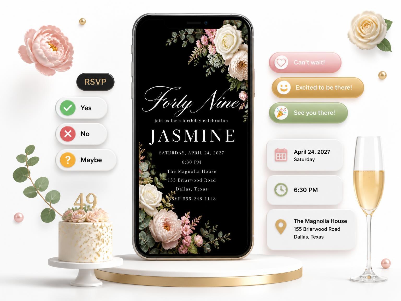The Black Floral 49th Birthday Invitation invitation on a phone, with guest RSVPs arriving around it