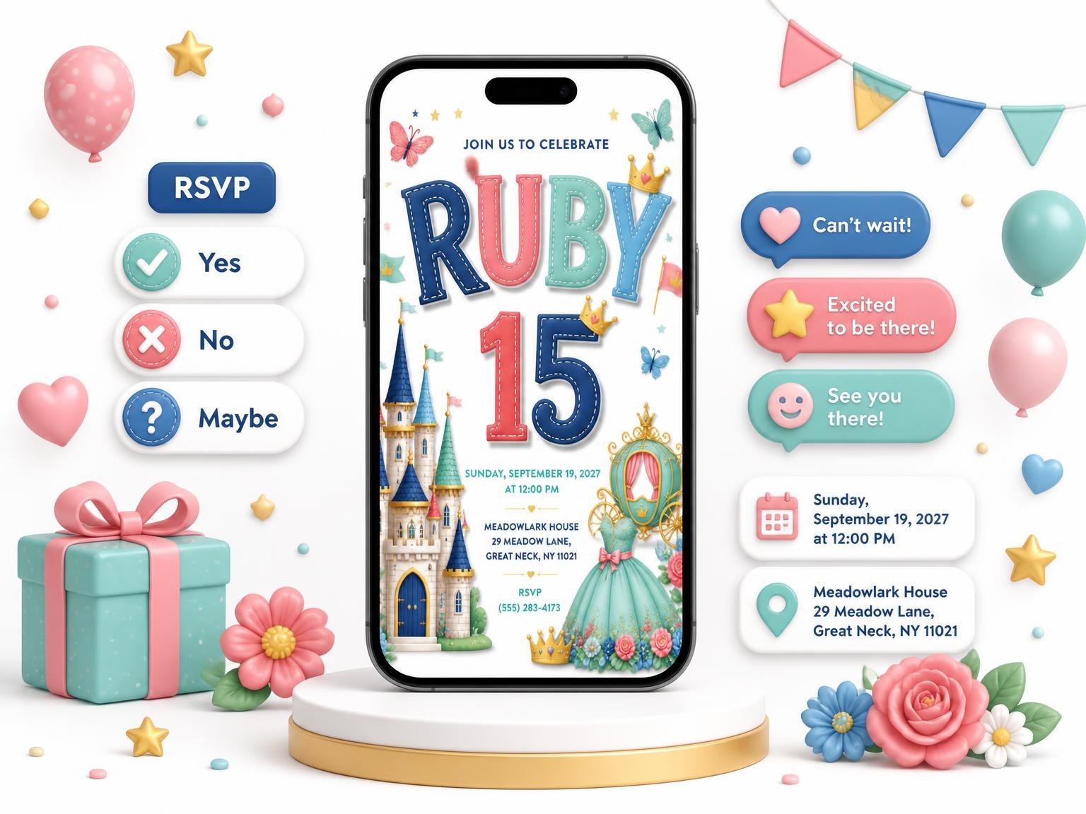 The Castle 15th Birthday Invitation invitation on a phone, with guest RSVPs arriving around it