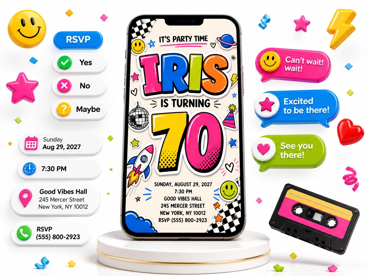 The Sticker Pop 70th Birthday Invitation invitation on a phone, with guest RSVPs arriving around it