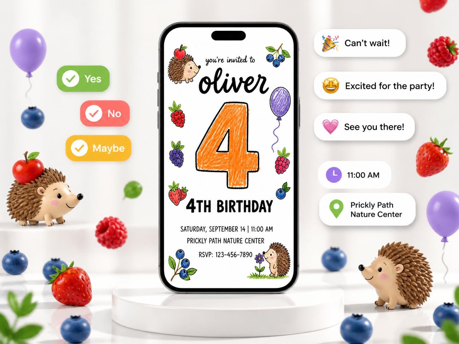 The Crayon Hedgehog Berry 4th Birthday invitation on a phone, with guest RSVPs arriving around it