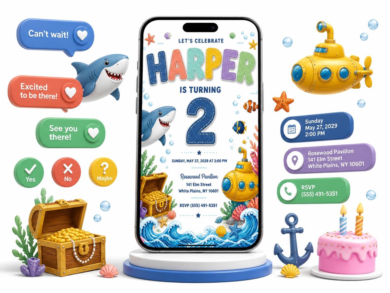 The Stitched Shark 2nd Birthday Invitation invitation on a phone, with guest RSVPs arriving around it
