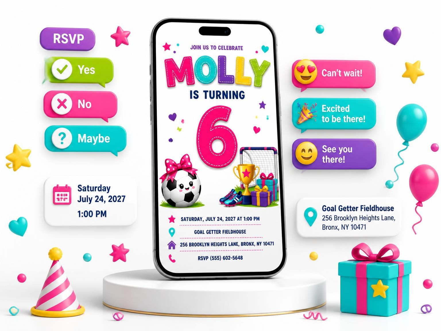 The Pink Soccer 6th Birthday Invitation invitation on a phone, with guest RSVPs arriving around it