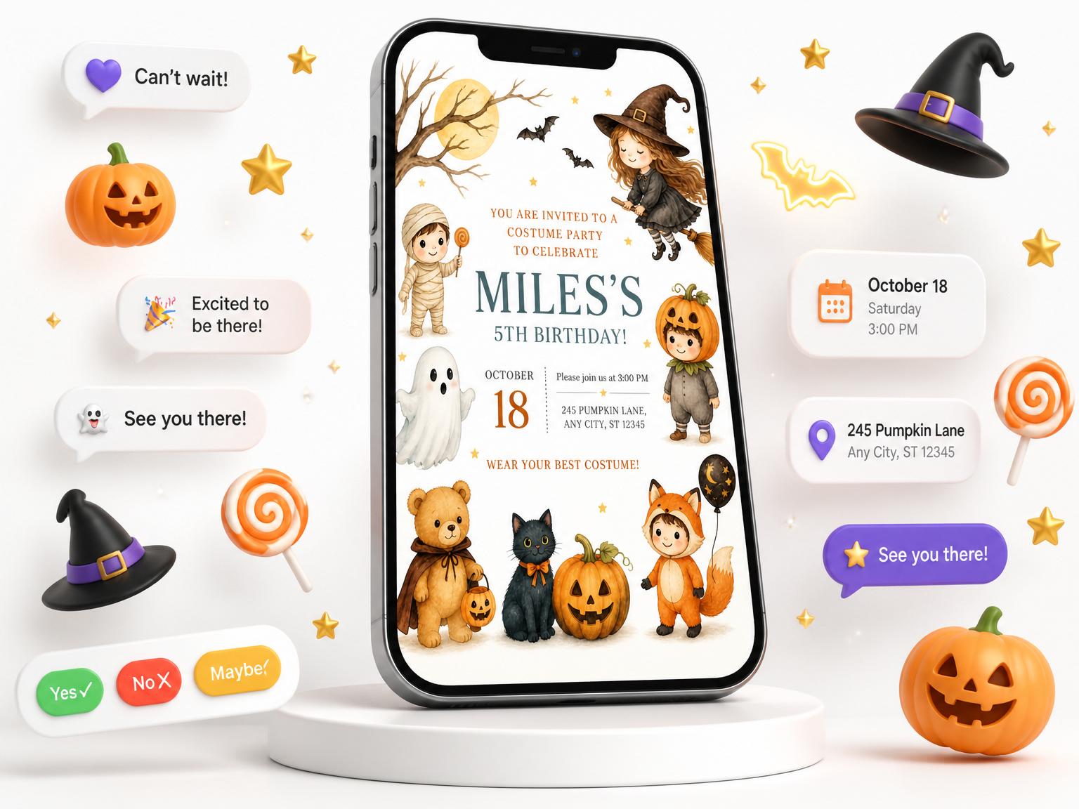 The Little Monsters Halloween 5th Birthday Party invitation on a phone, with guest RSVPs arriving around it