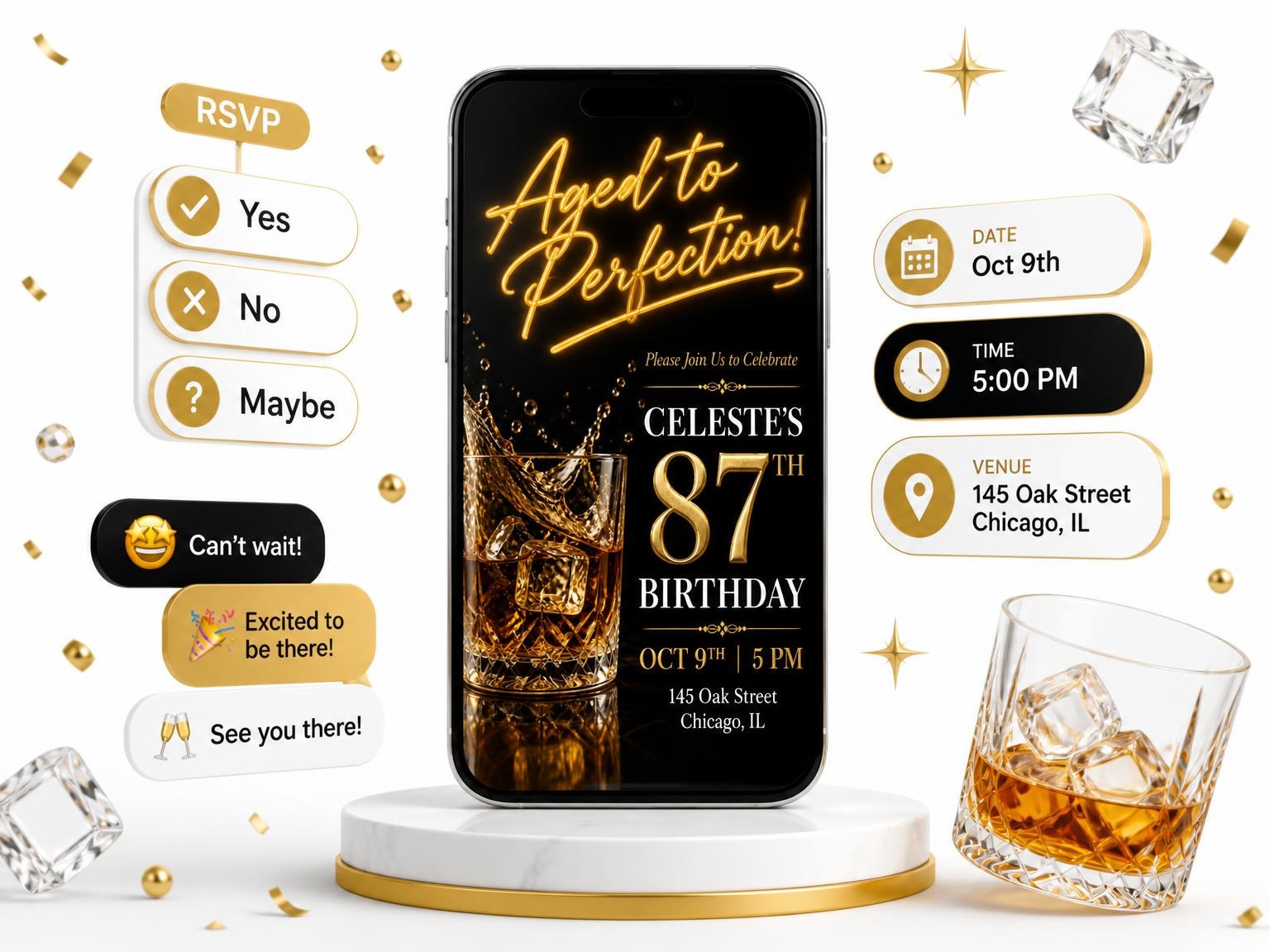 The Whiskey Tumbler 87th Birthday Invitation invitation on a phone, with guest RSVPs arriving around it