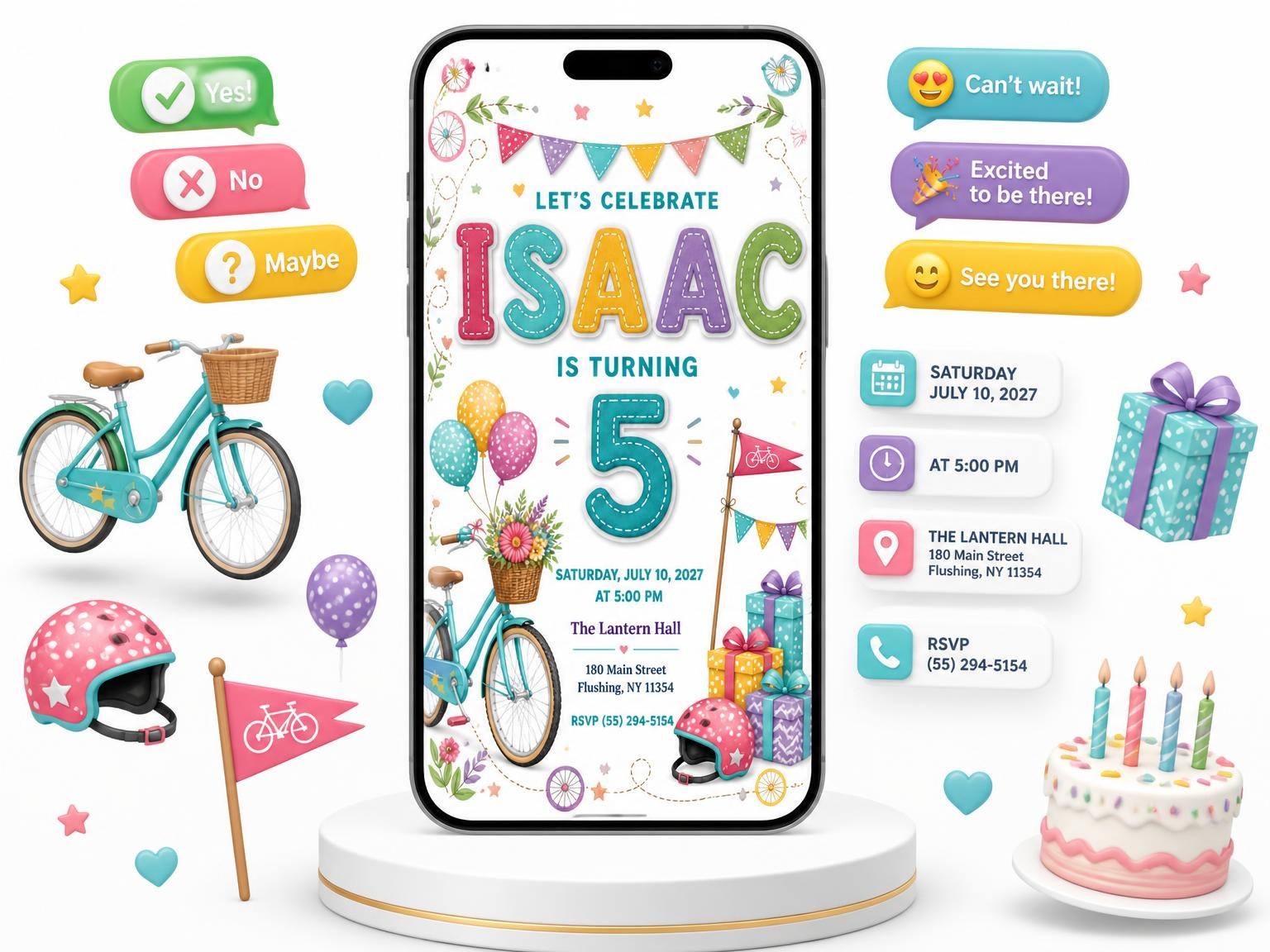 The Stitched Bike Ride 5th Birthday Invitation invitation on a phone, with guest RSVPs arriving around it