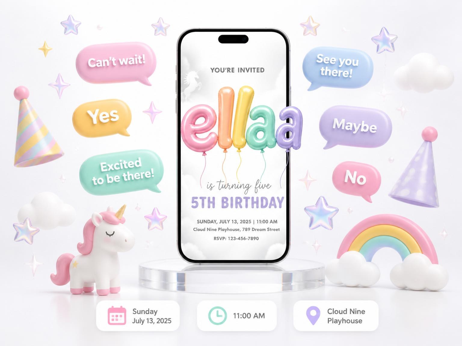 The Pastel Balloon Unicorn 5th Birthday invitation on a phone, with guest RSVPs arriving around it