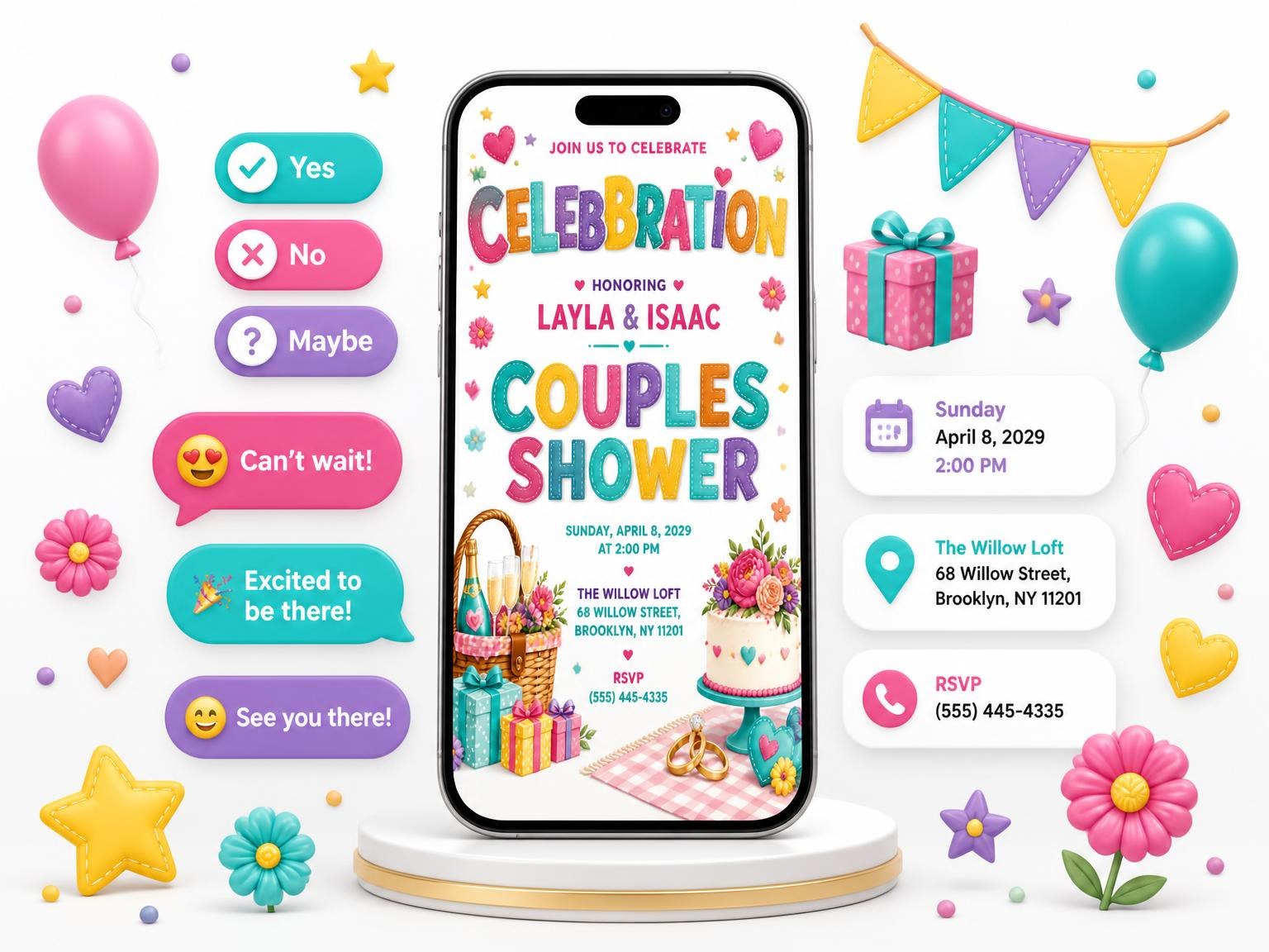 The Picnic Basket Couples Shower Invitation invitation on a phone, with guest RSVPs arriving around it