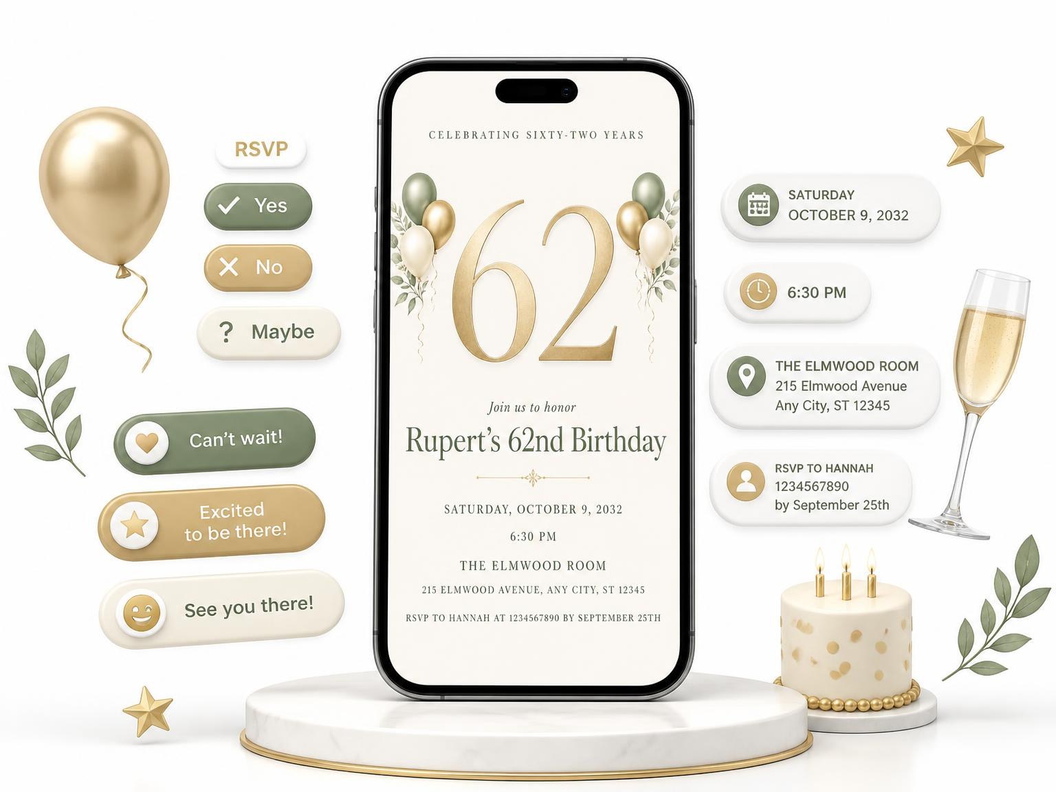 The Sage and Ivory 62nd Birthday Invitation invitation on a phone, with guest RSVPs arriving around it