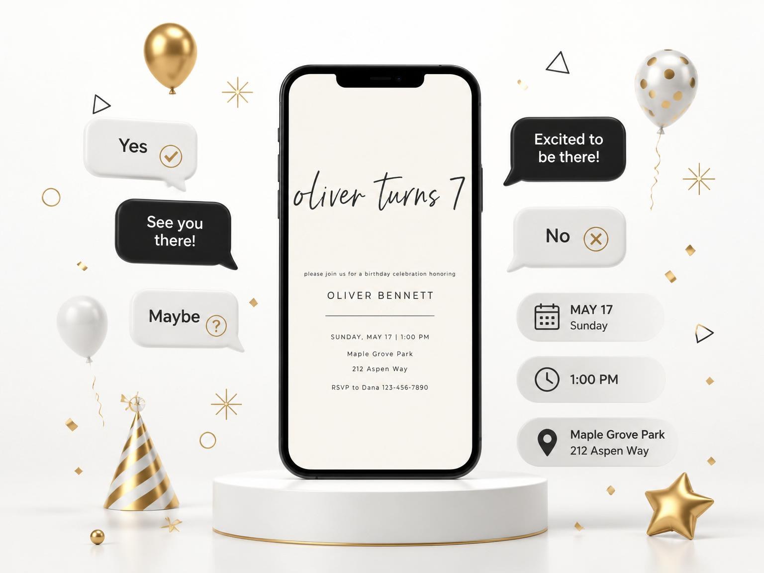 The Cream Black Minimalist 7th Birthday Invitation invitation on a phone, with guest RSVPs arriving around it