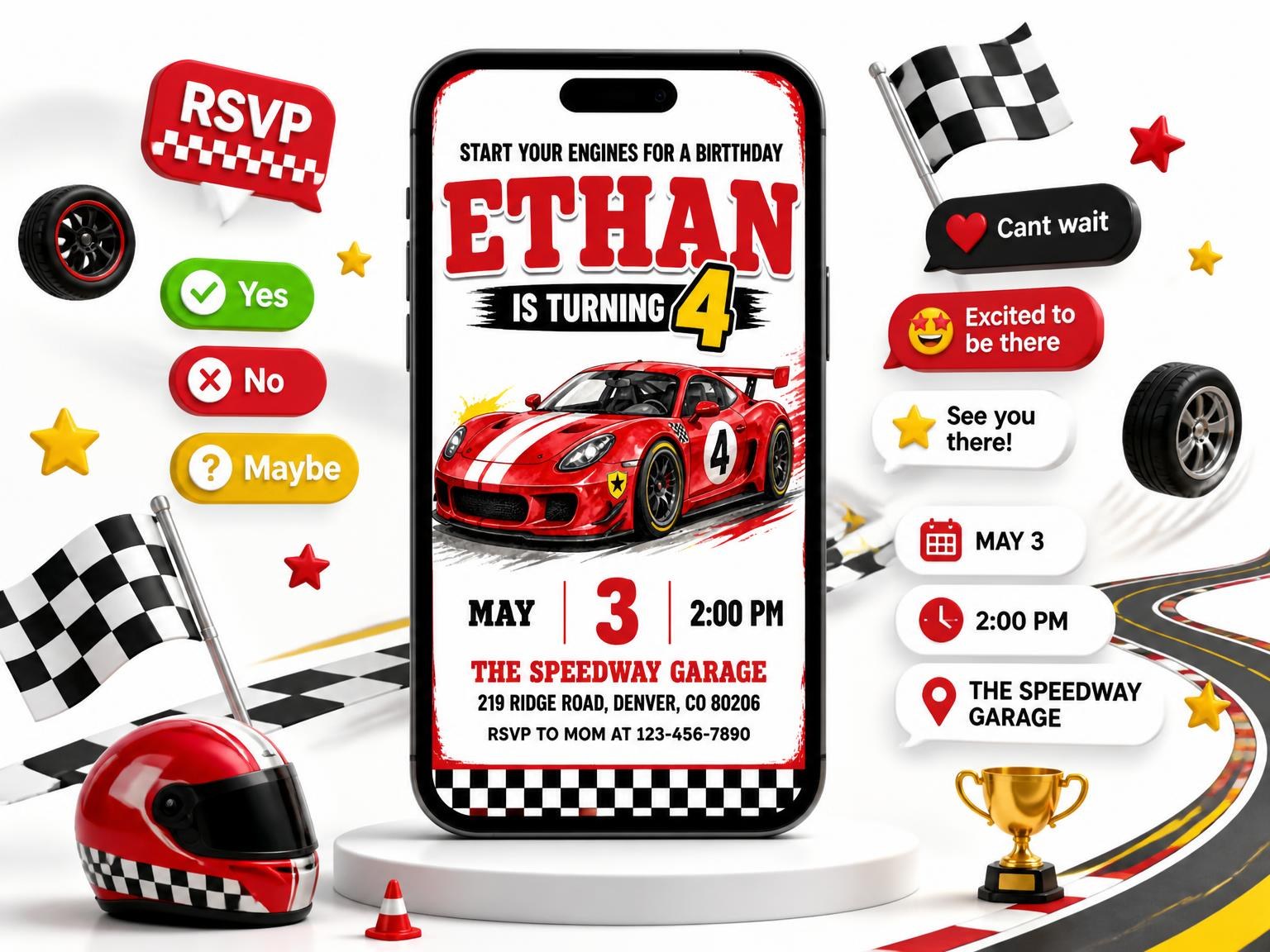 The Red Sports Car 4th Birthday invitation on a phone, with guest RSVPs arriving around it