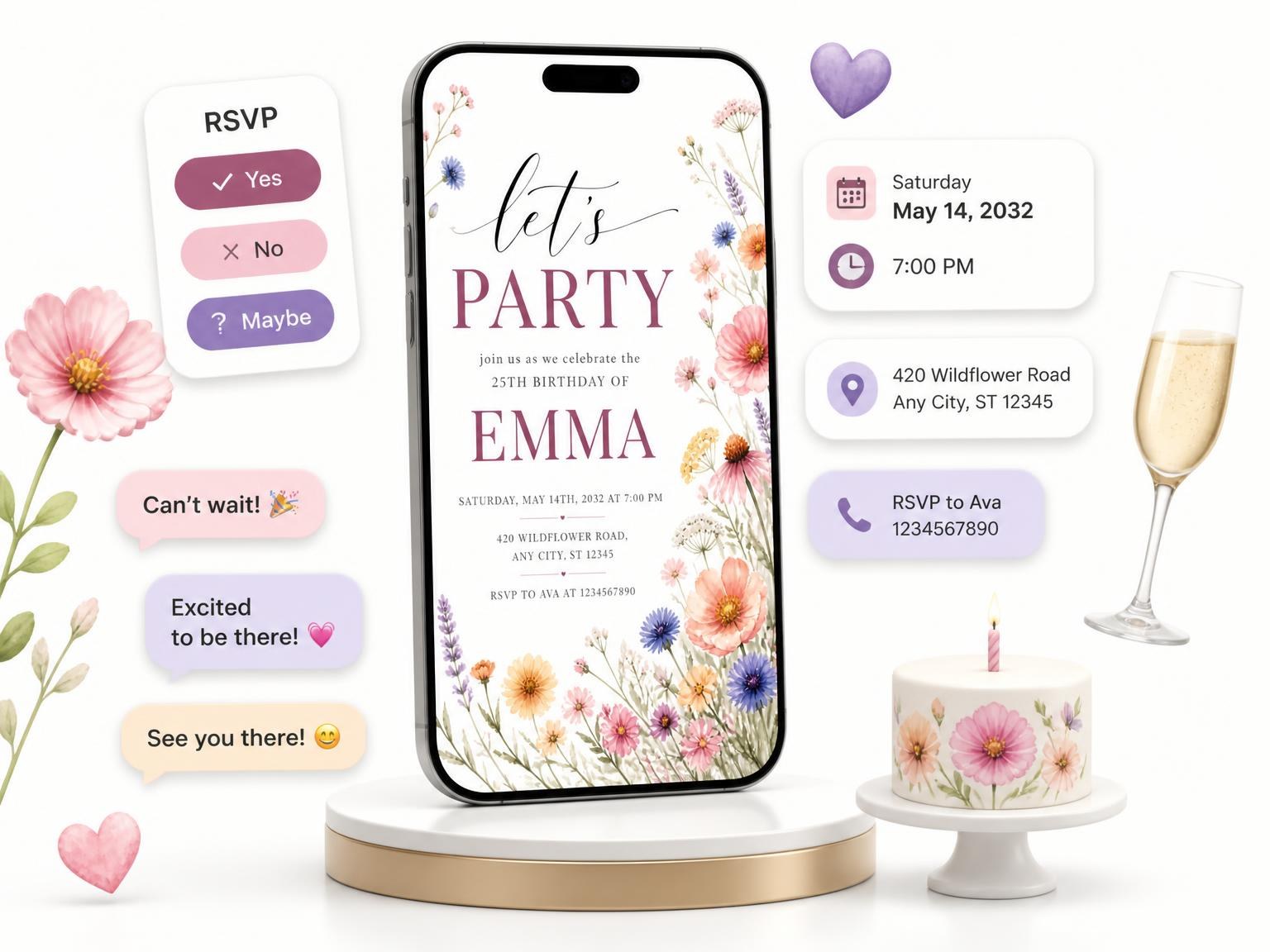 The Wildflower Meadow Garden 25th Birthday Invitation invitation on a phone, with guest RSVPs arriving around it