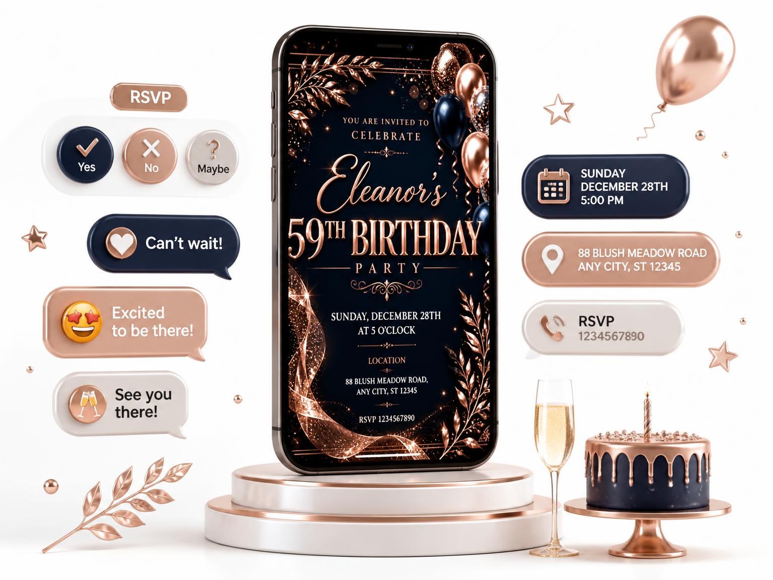 The Navy and Rose Gold 59th Birthday Invitation invitation on a phone, with guest RSVPs arriving around it