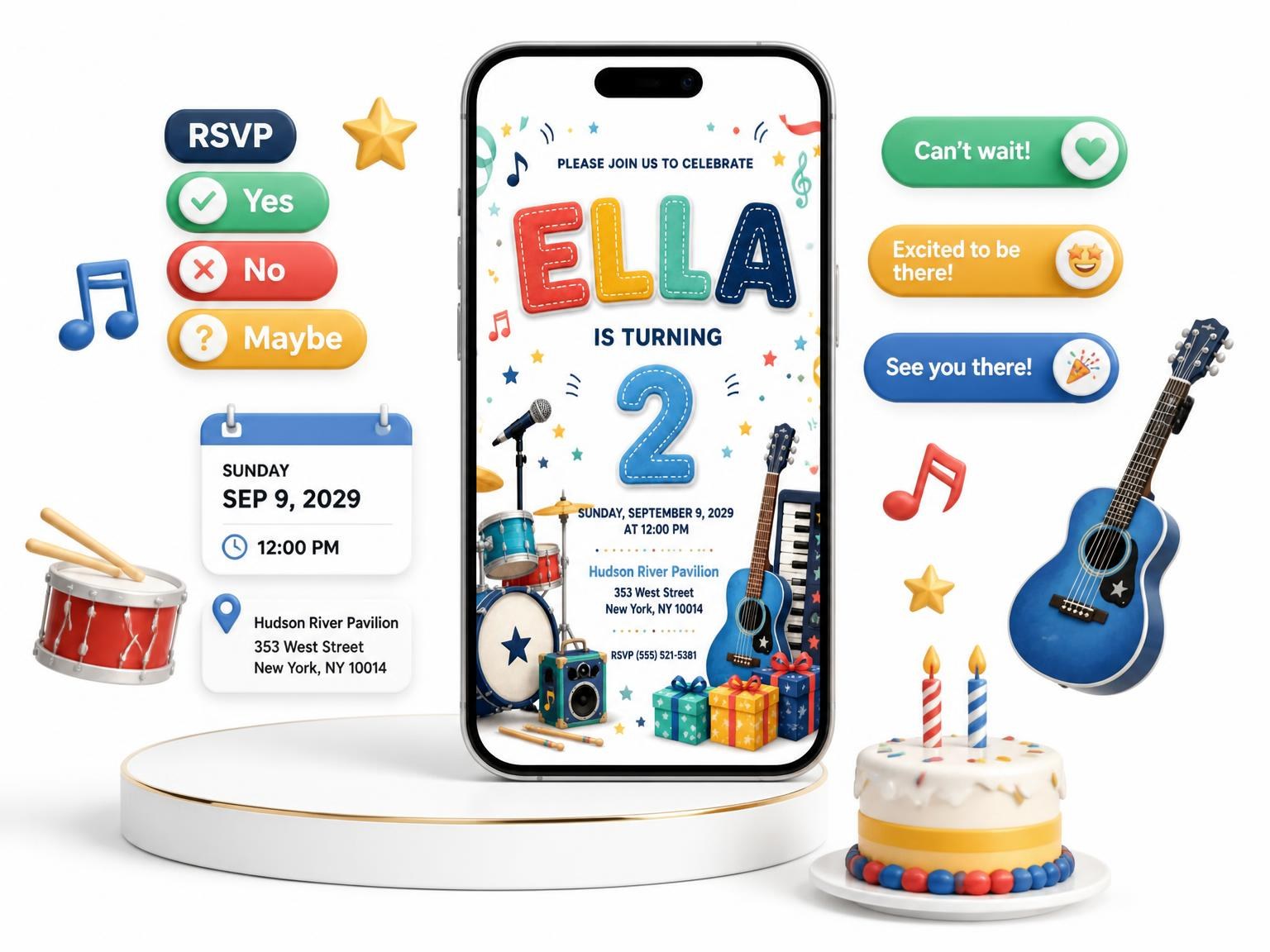 The Stitched Rock Star 2nd Birthday Invitation invitation on a phone, with guest RSVPs arriving around it
