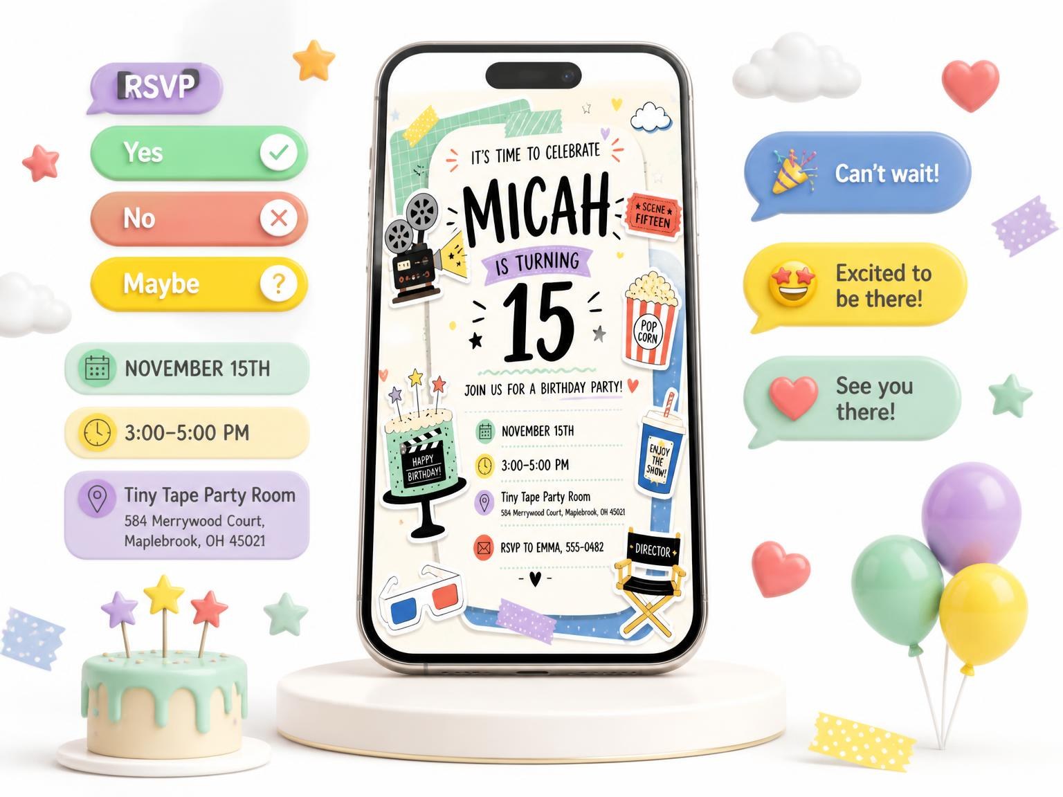 The Movie Projector Pastel 15th Birthday Invitation invitation on a phone, with guest RSVPs arriving around it