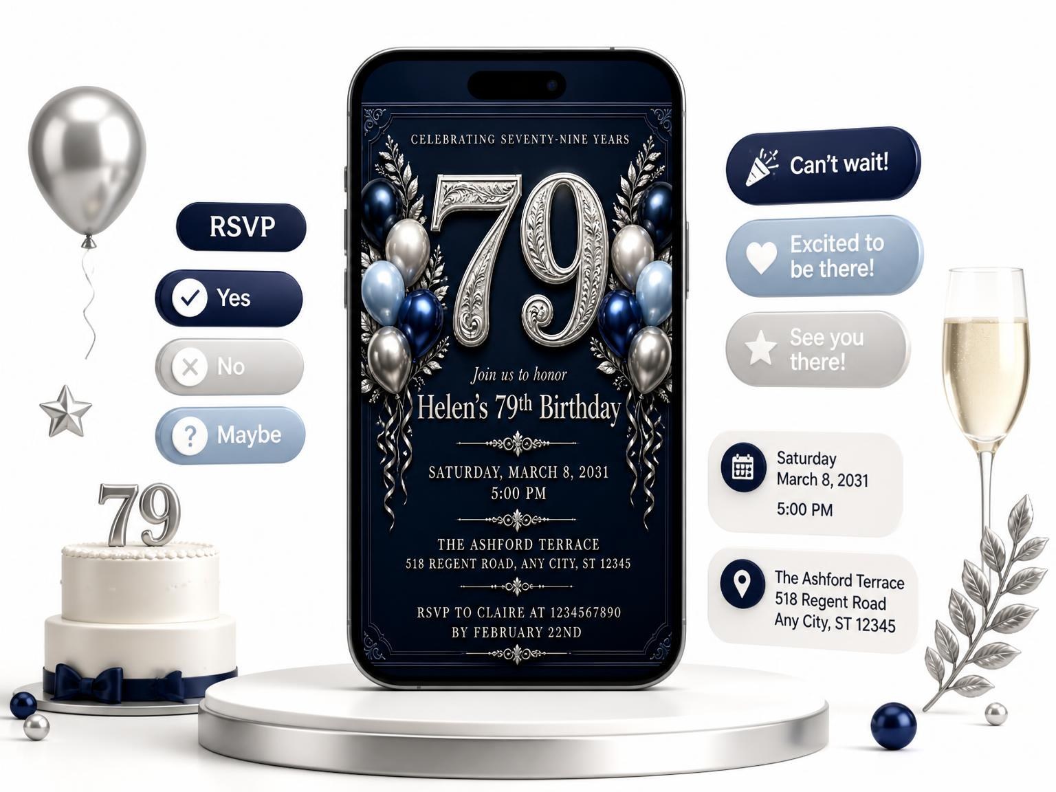 The Navy and Silver 79th Birthday Invitation invitation on a phone, with guest RSVPs arriving around it