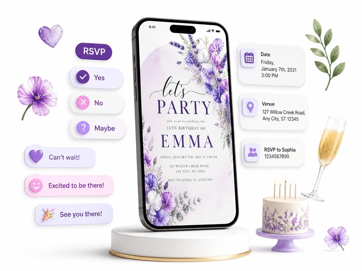 The Sweet Pea Lavender 25th Birthday Invitation invitation on a phone, with guest RSVPs arriving around it