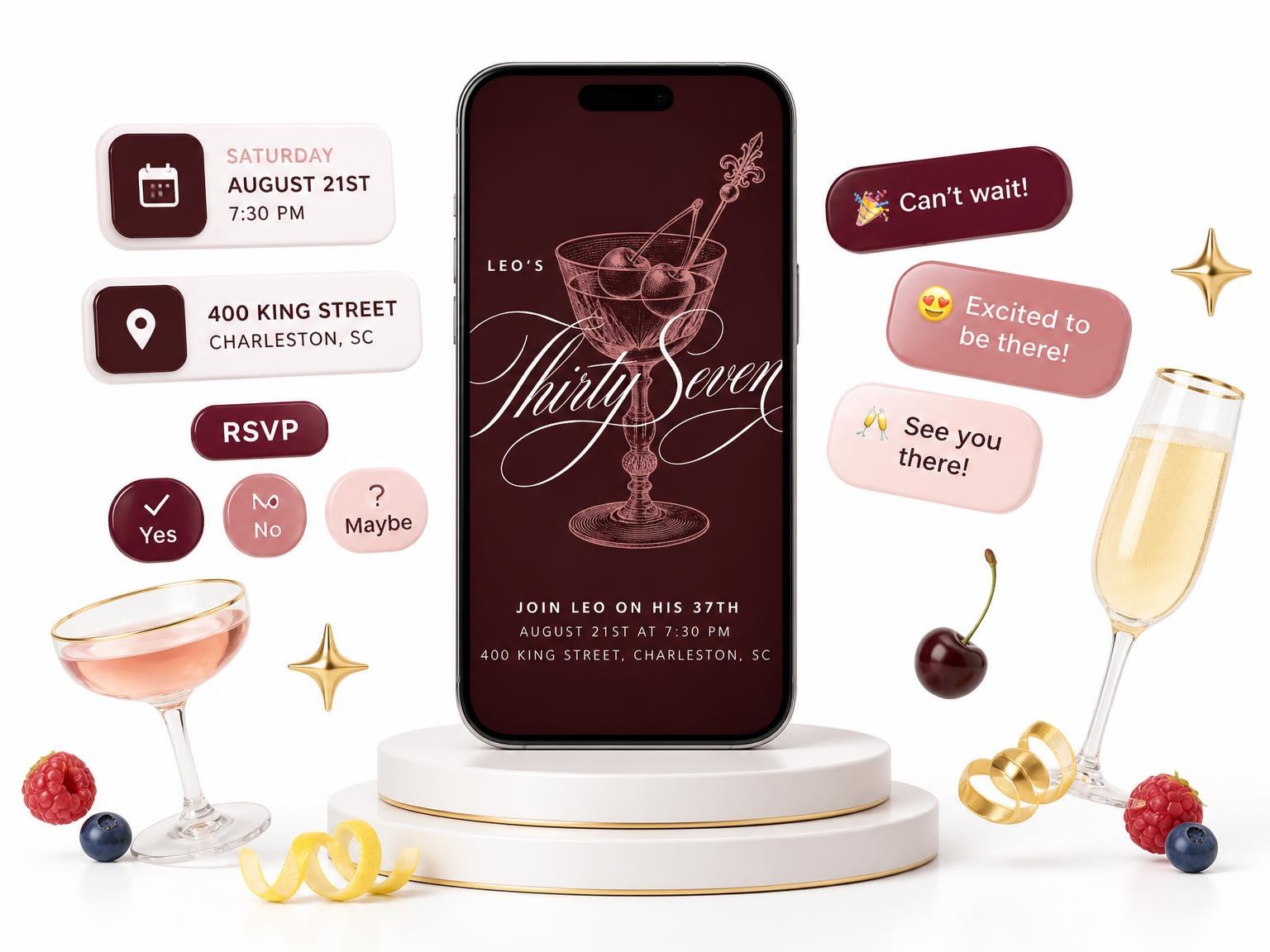 The Burgundy Cocktail 37th Birthday Invitation invitation on a phone, with guest RSVPs arriving around it