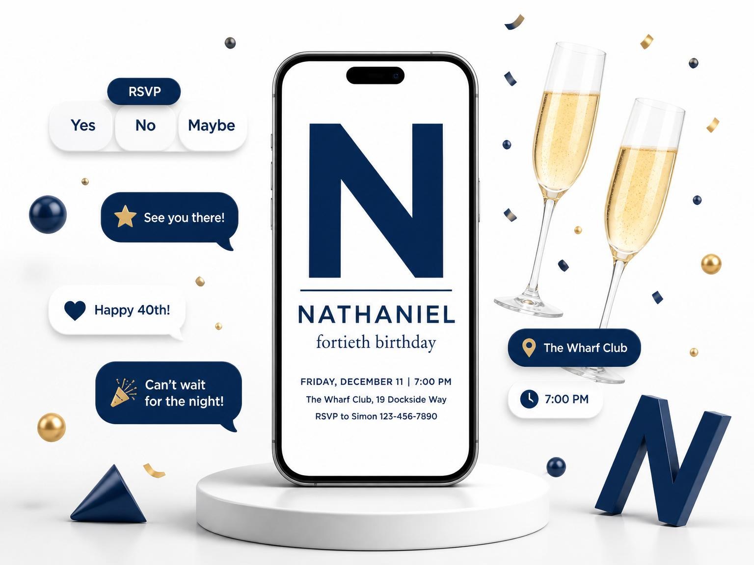 The Navy Minimalist Monogram 40th Birthday Invitation invitation on a phone, with guest RSVPs arriving around it