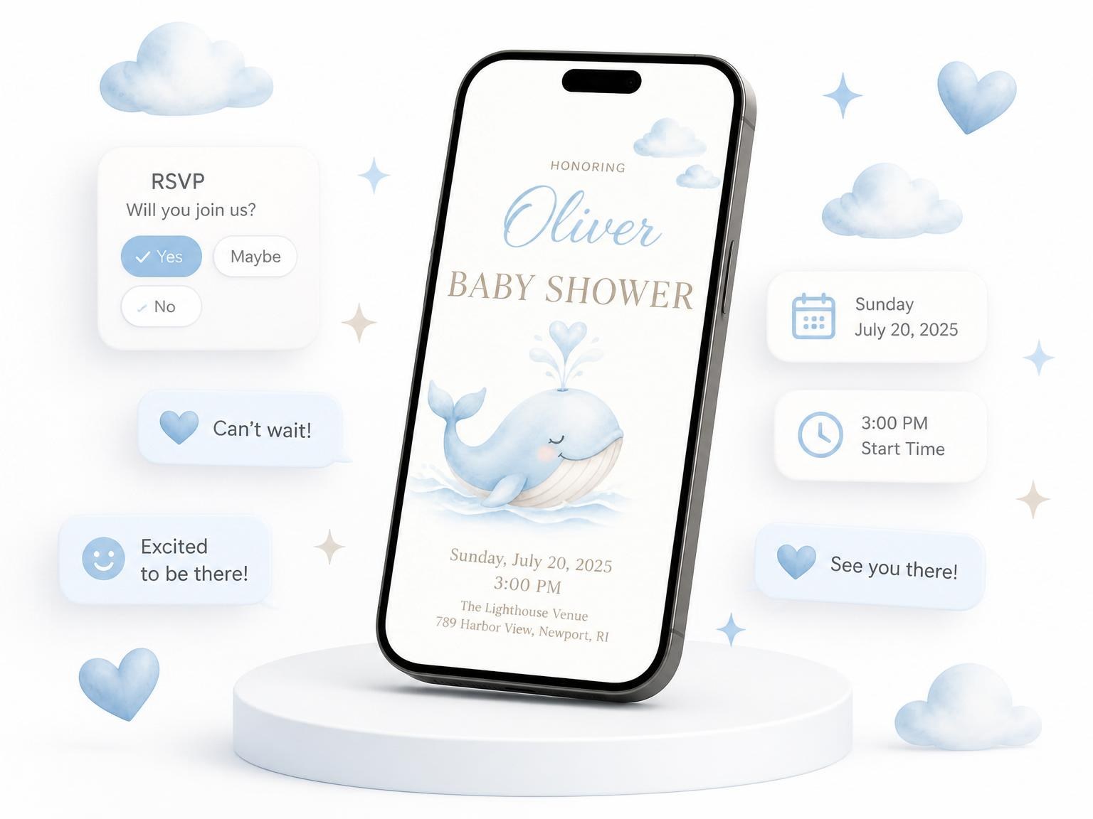 The Blue Watercolor Whale Baby Shower invitation on a phone, with guest RSVPs arriving around it