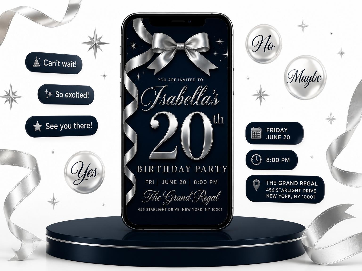 The Silver Ribbon Starburst 20th Birthday Invitation invitation on a phone, with guest RSVPs arriving around it