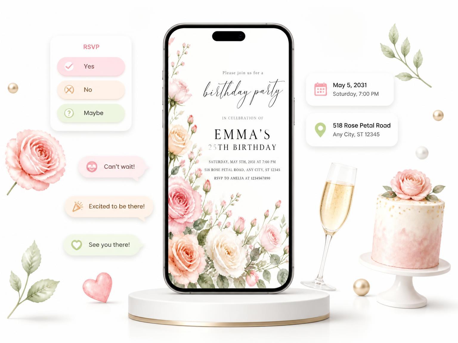 The Rose Bouquet Blush 25th Birthday Invitation invitation on a phone, with guest RSVPs arriving around it
