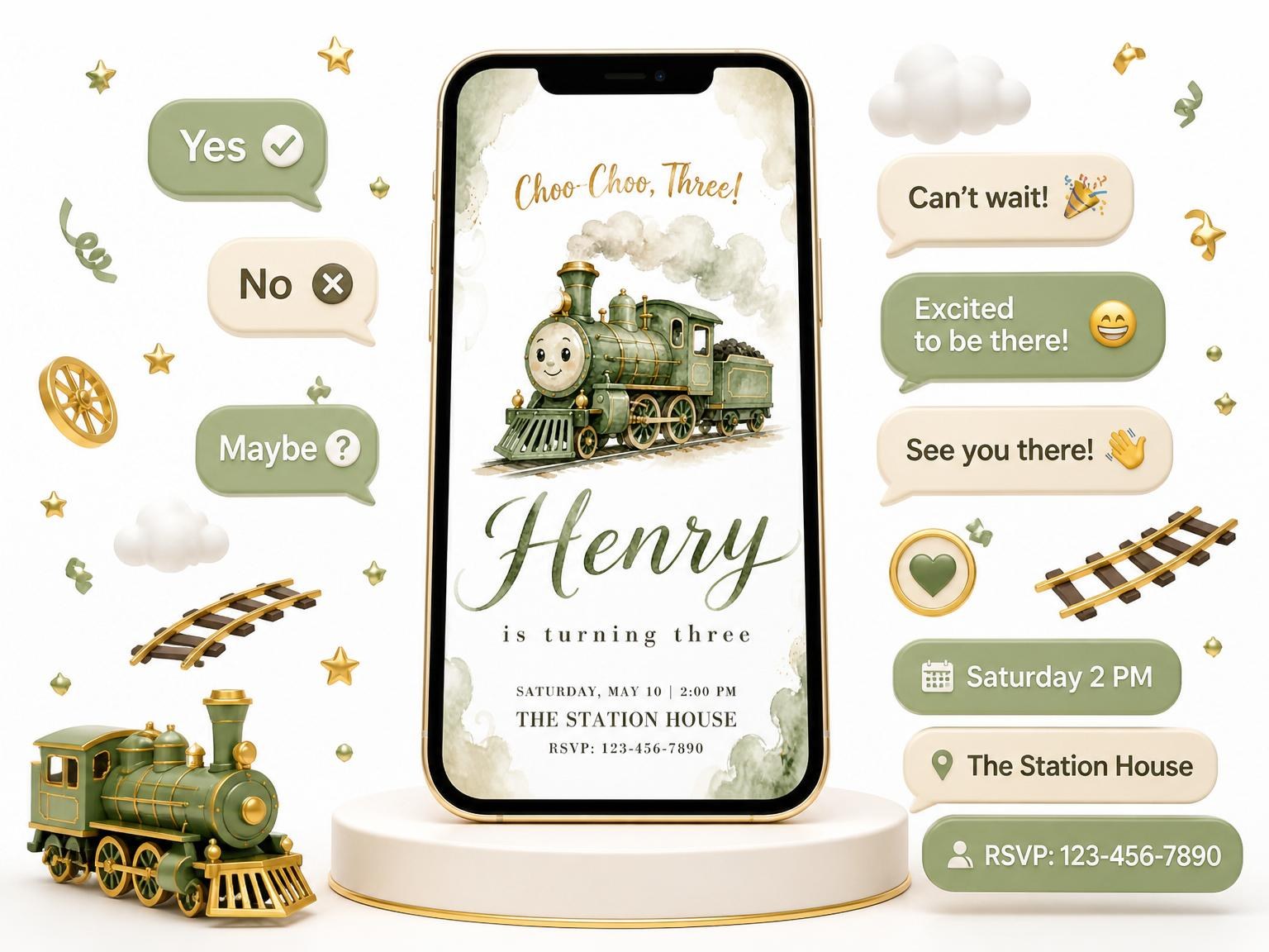 The Watercolor Steam Engine 3rd Birthday invitation on a phone, with guest RSVPs arriving around it