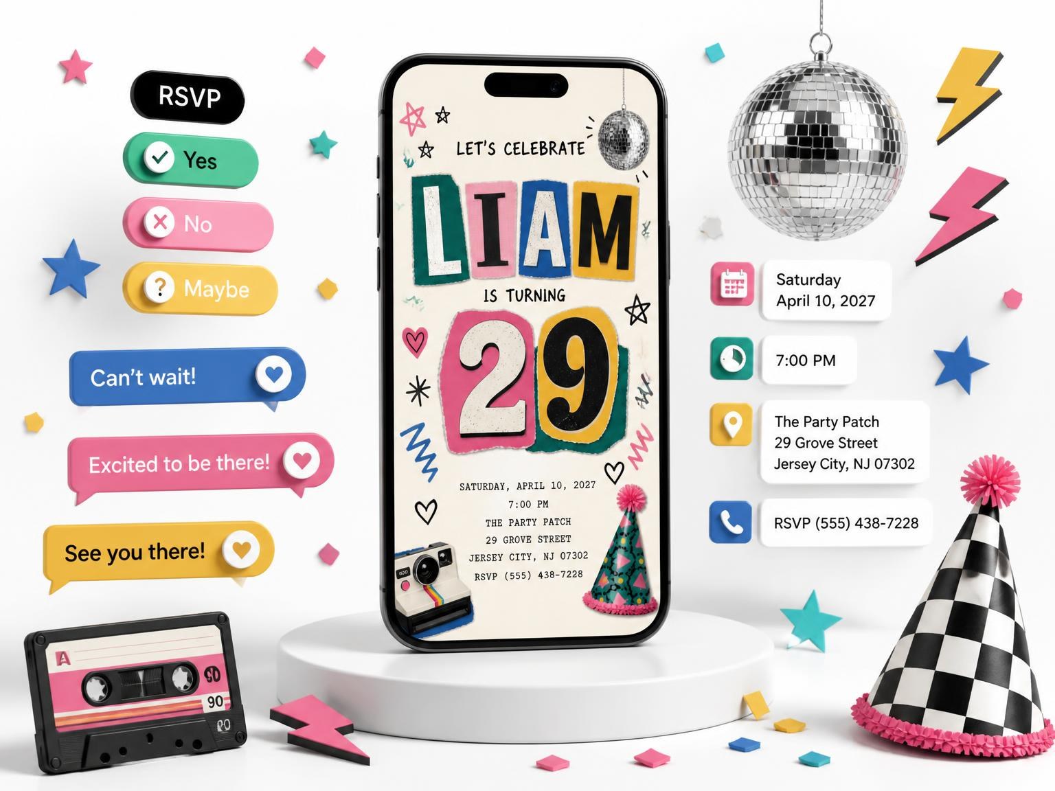 The Retro Paper Collage 29th Birthday Invitation invitation on a phone, with guest RSVPs arriving around it