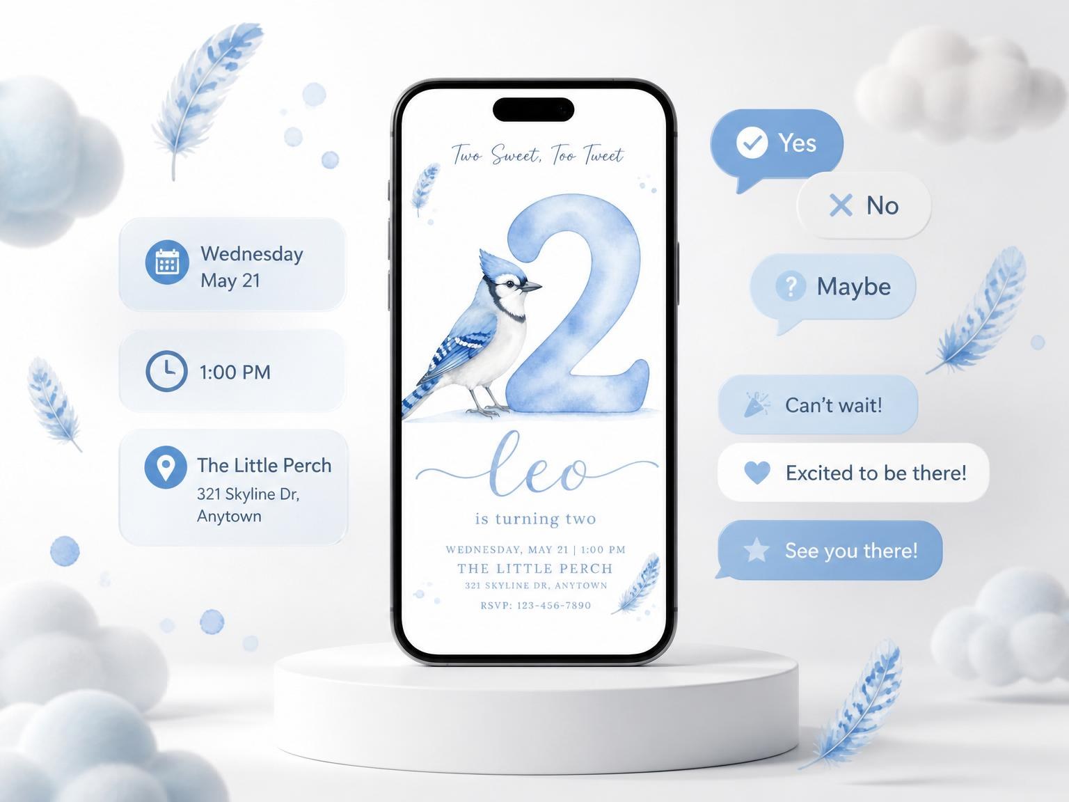 The Watercolor Blue Jay 2nd Birthday invitation on a phone, with guest RSVPs arriving around it